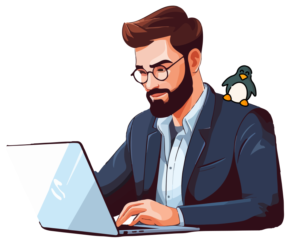 man working on computer with penguin